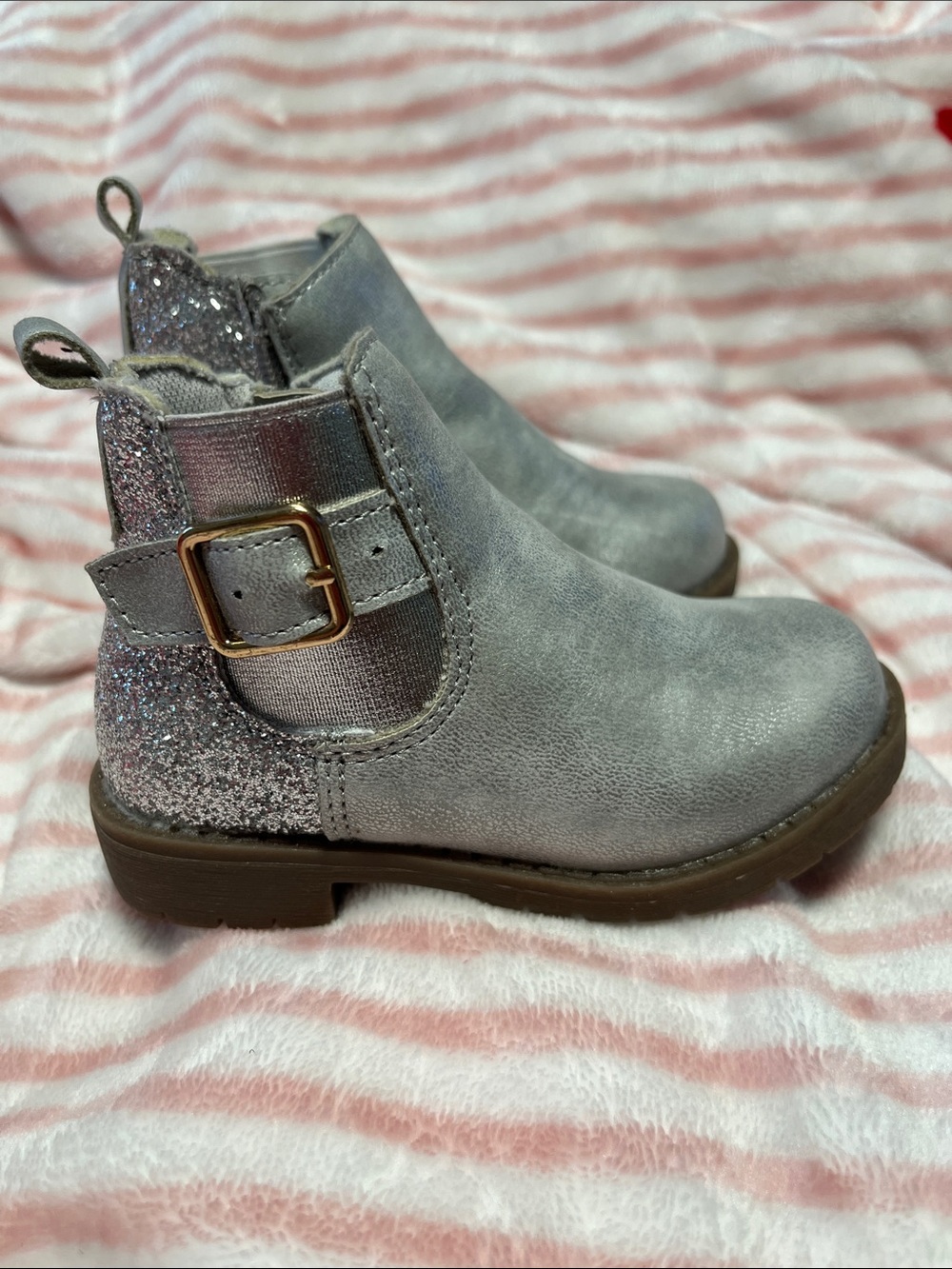 Girls' Grey Glitter Ankle Boots with Buckle